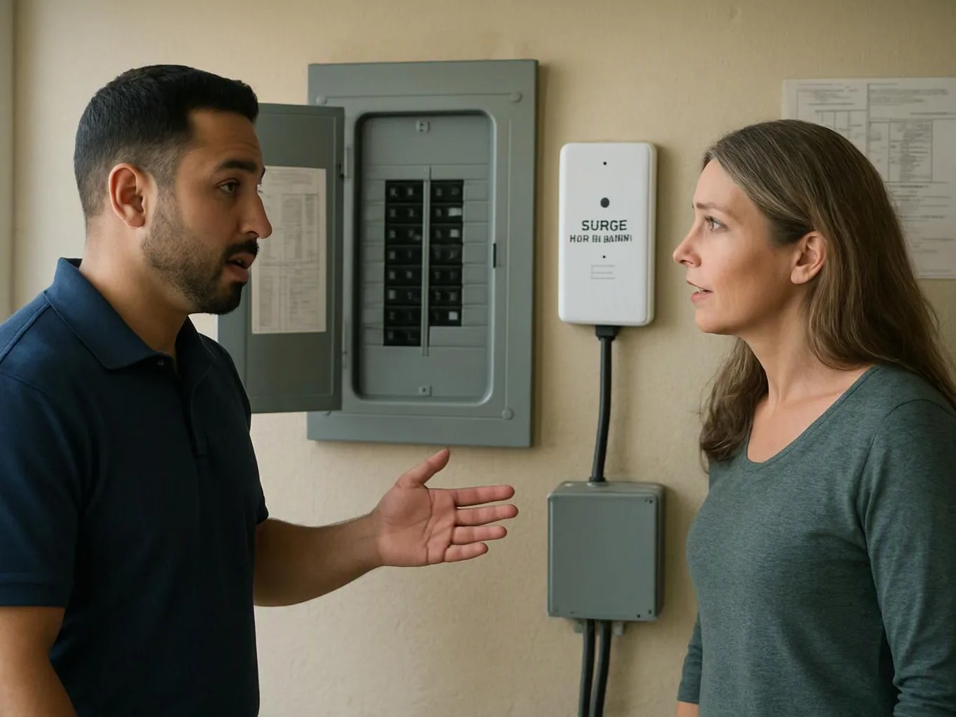 Two adults stand by an open electrical panel, talking beside a wall-mounted surge device and wiring