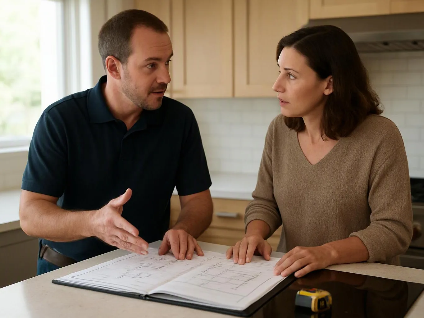 Two adults study blueprints at a kitchen island, while one points and the other listens closely