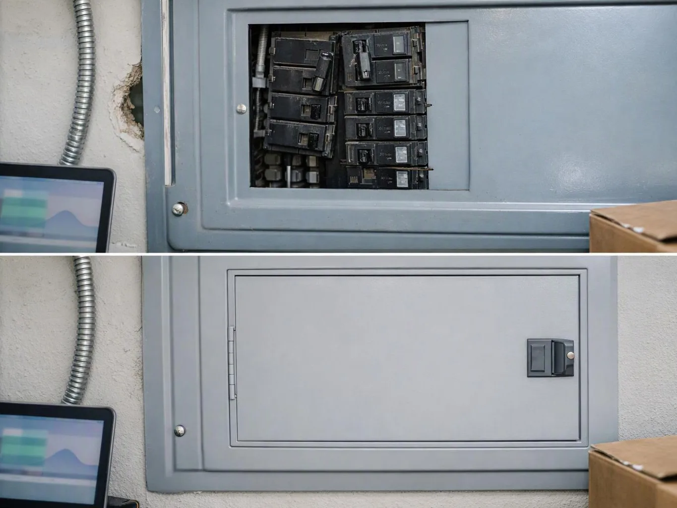 Two gray electrical breaker panels are shown, one open with circuit breakers exposed and one closed in a utility room