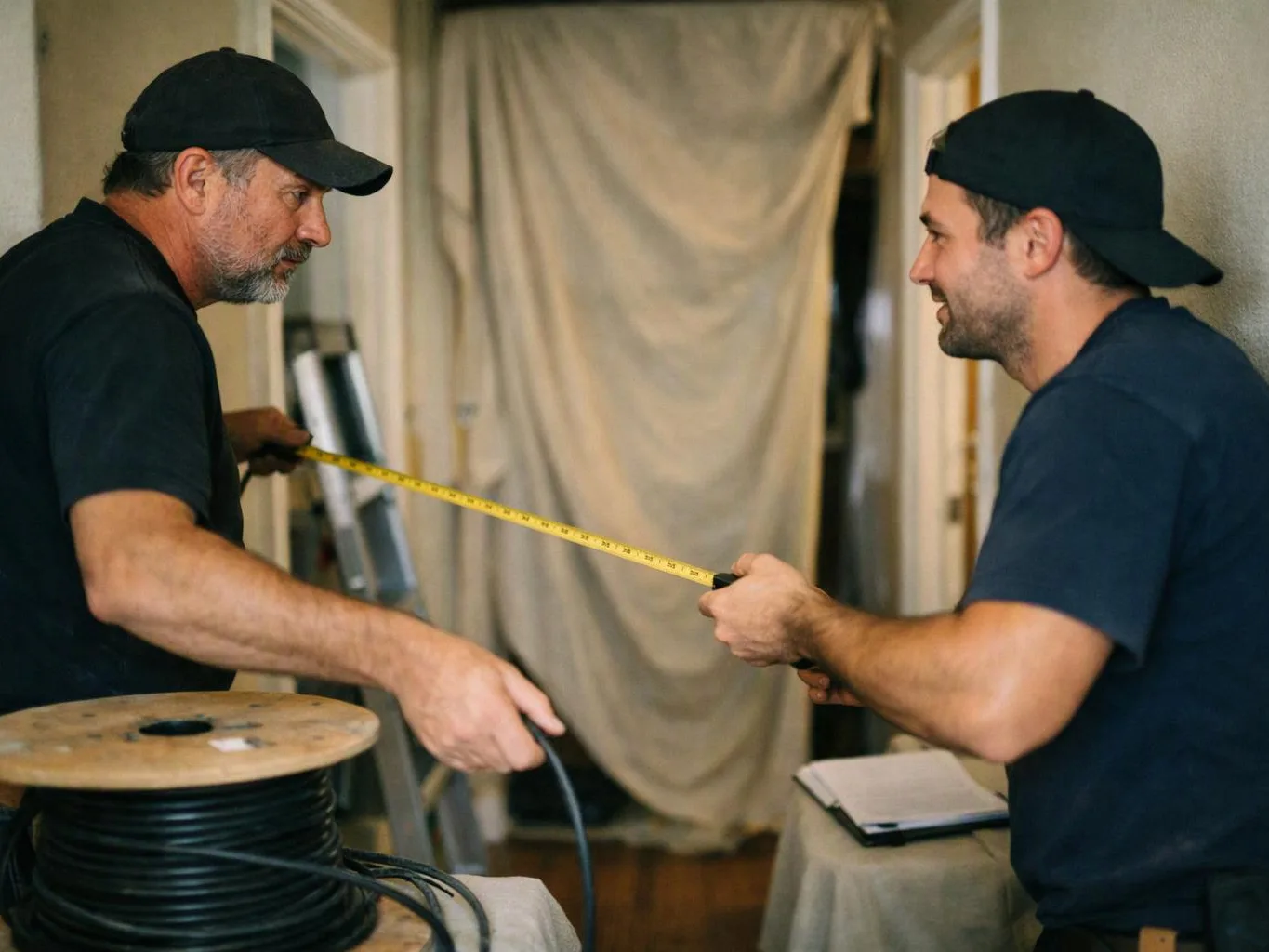 Two men in black caps measure a yellow tape in a hallway with a ladder and covered doorway behind them