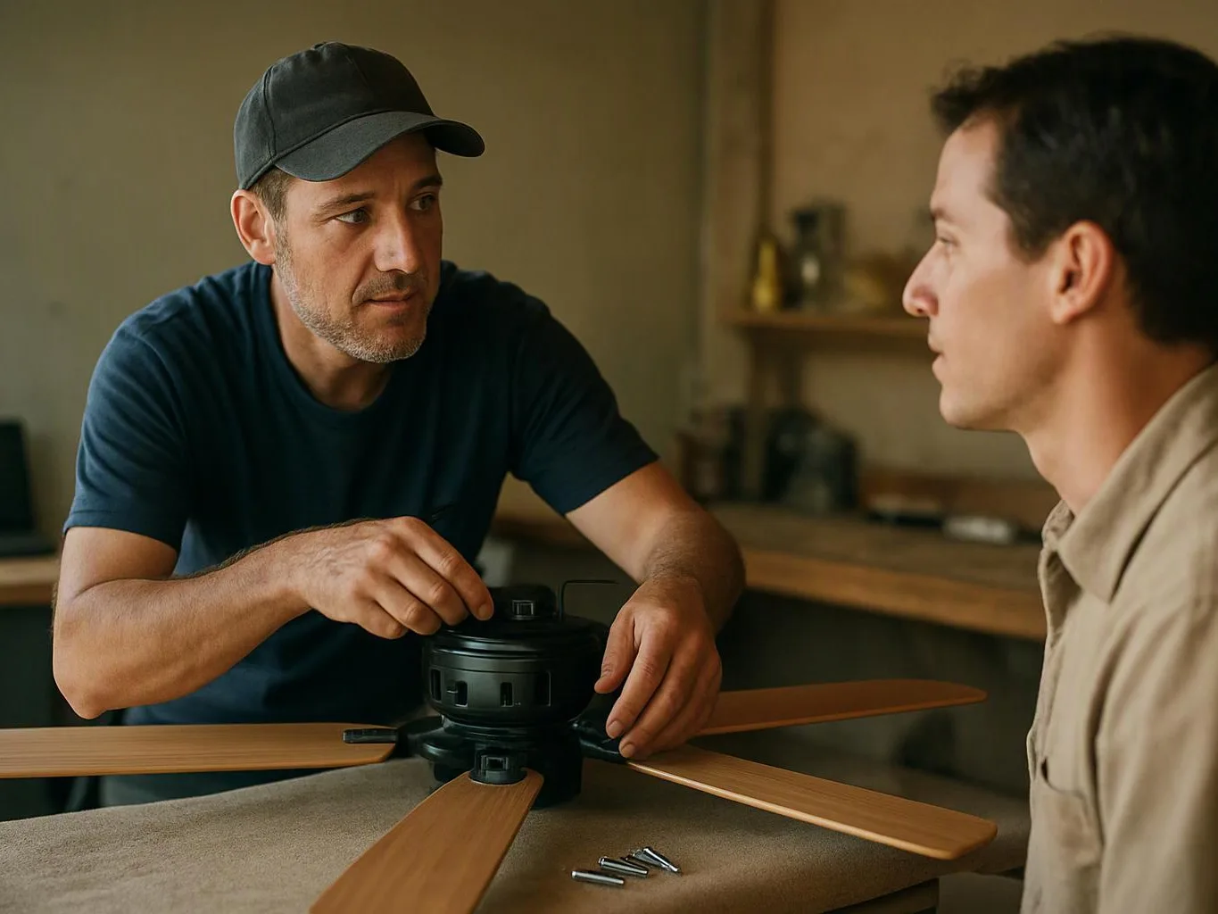 Two men inspect a ceiling fan motor with wooden blades on a table in a workshop