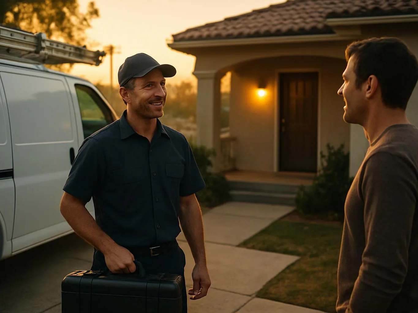 Two men talk beside a white work van outside a house at sunset