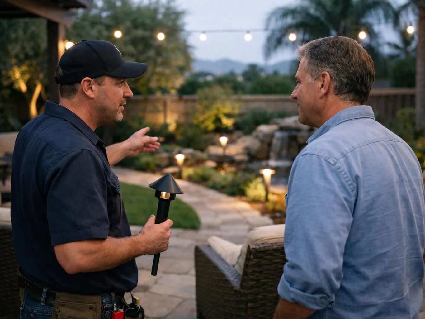 Two men talk in a lit backyard, one holding a black garden path light and gesturing toward a pond and stone walkway