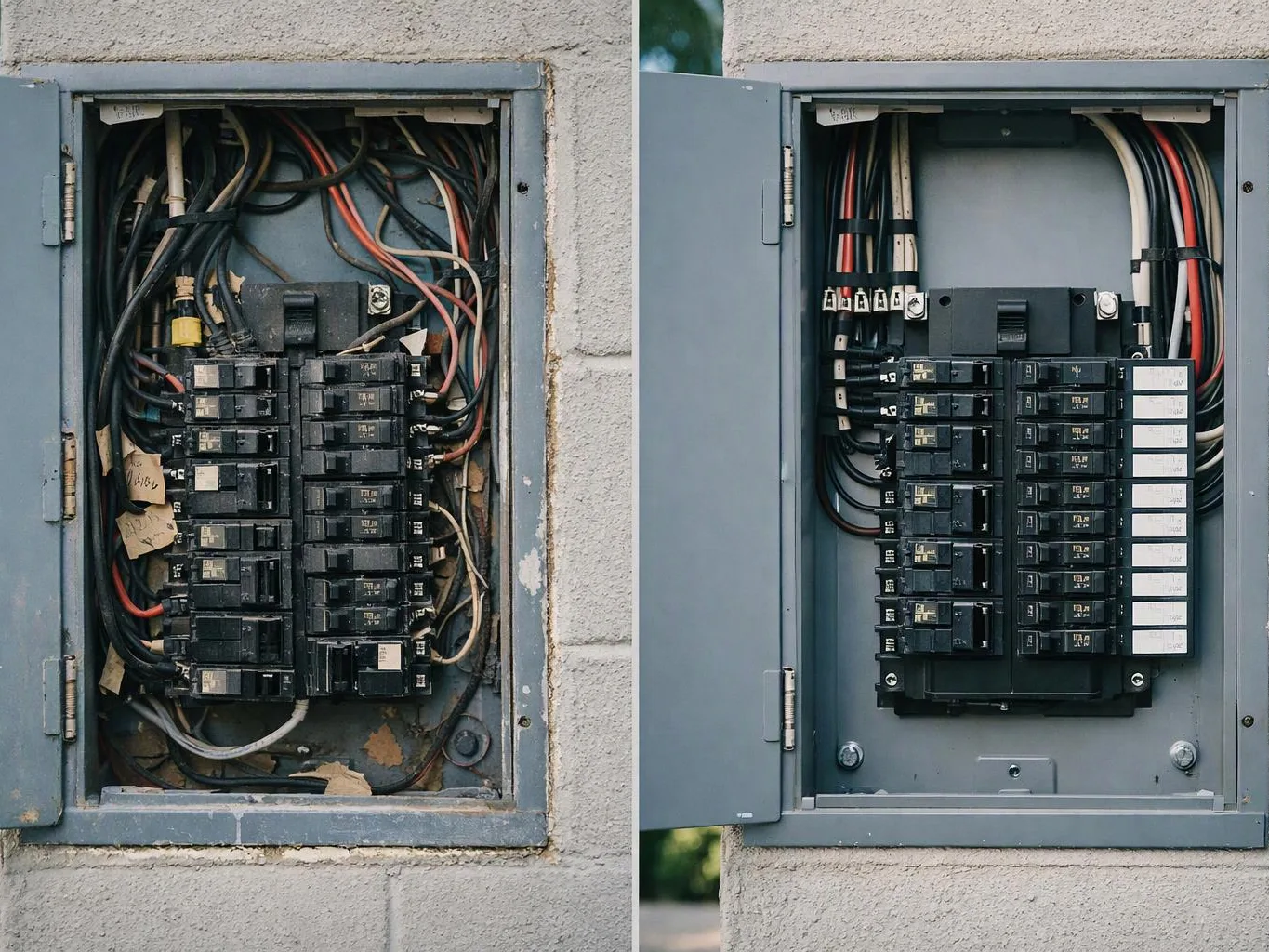 Two side-by-side electrical breaker panels, one messy with tangled wires and one neatly organized, sit in a wall opening