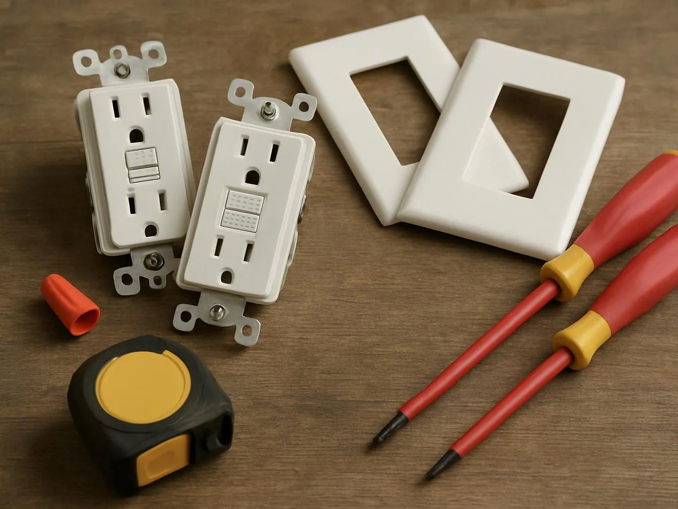 Two white GFCI outlets, wall plates, and red handled screwdrivers lie on a wooden surface with a tape measure