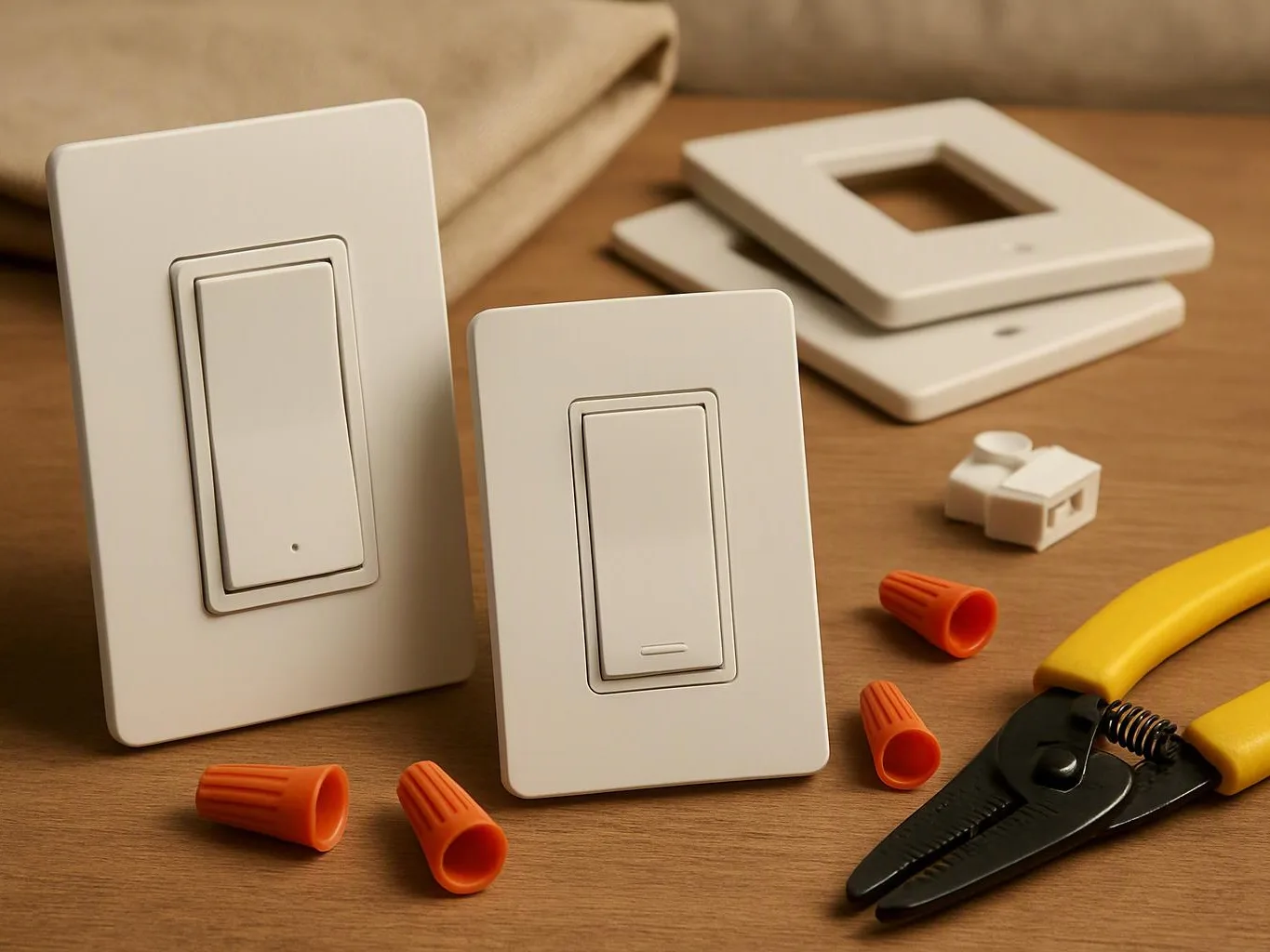 Two white wall light switches sit on a wooden table with wire connectors, cover plates