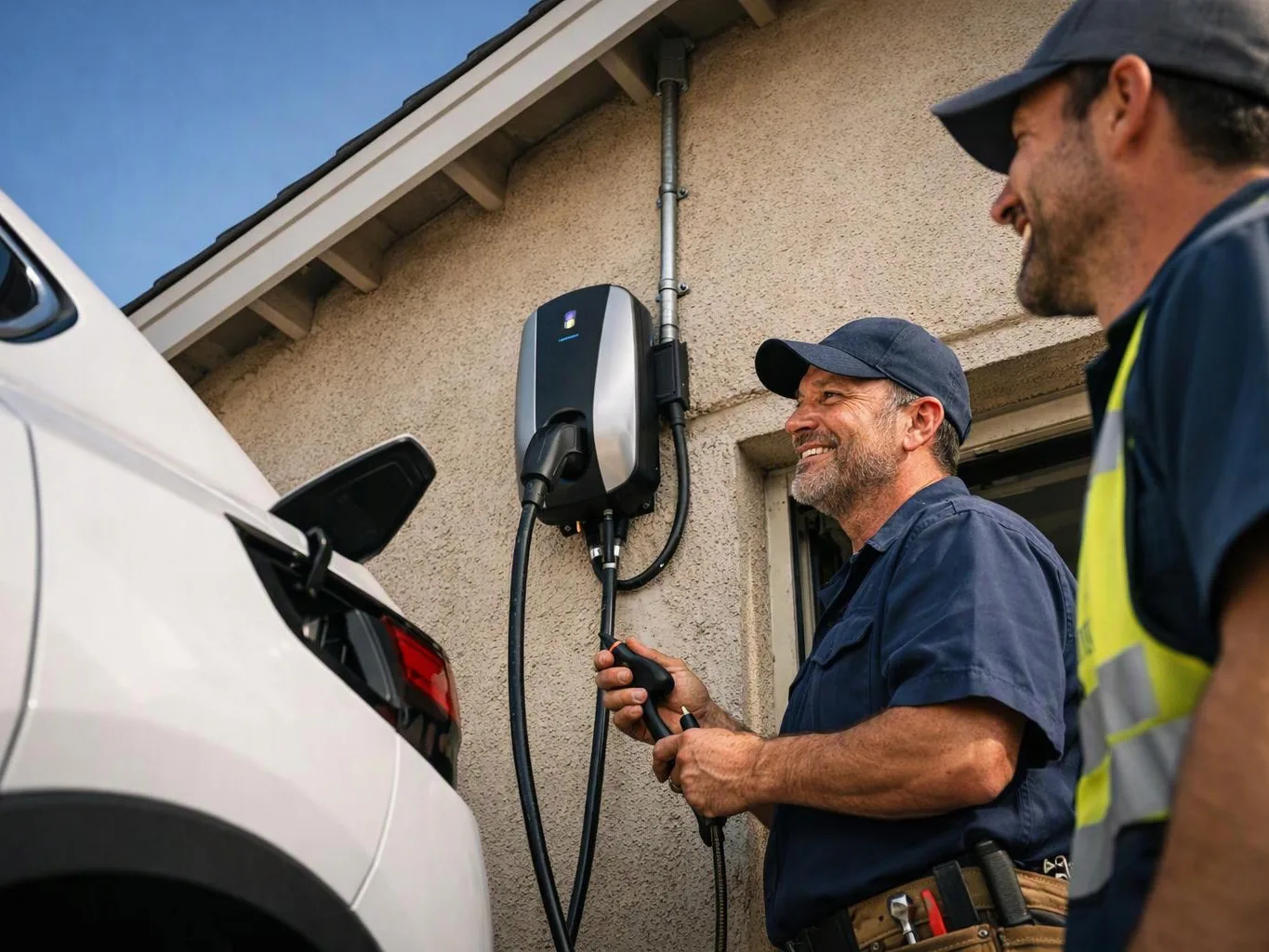 Two workers stand beside a wall-mounted charger, connecting a white electric car outside a house