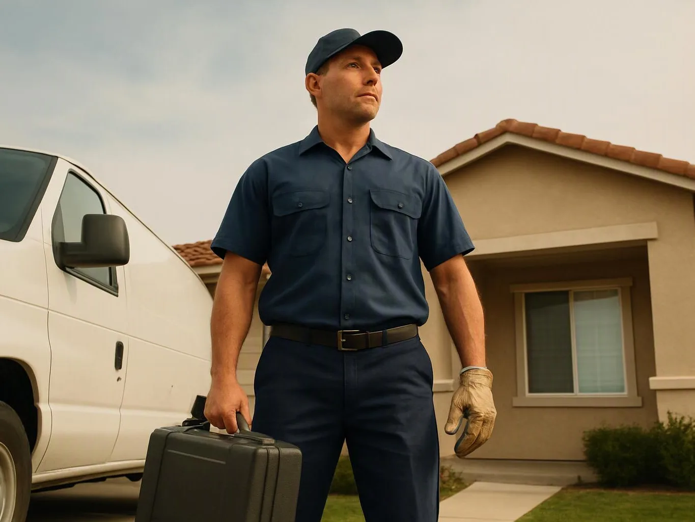 A uniformed man stands by a white van, holding a toolbox outside a house with a small front yard