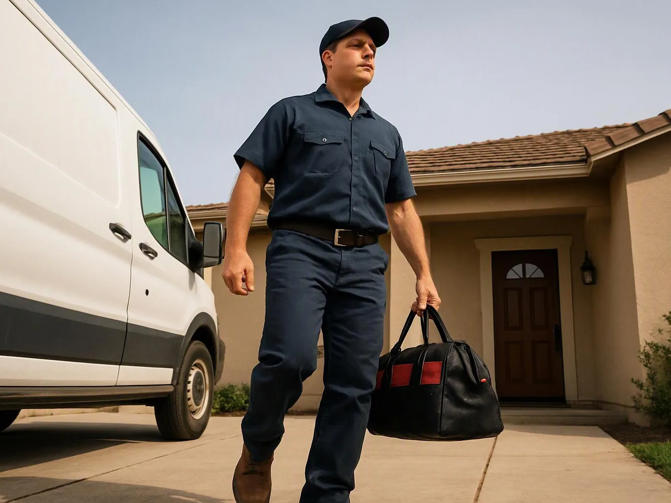 A uniformed man walks across a driveway carrying a black duffel bag beside a white van and house