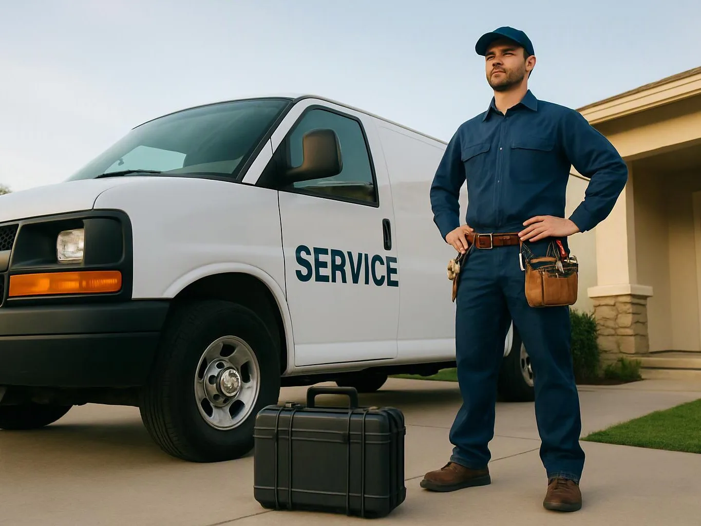 A uniformed repairman stands beside a white service van in a driveway with a toolbox on the ground