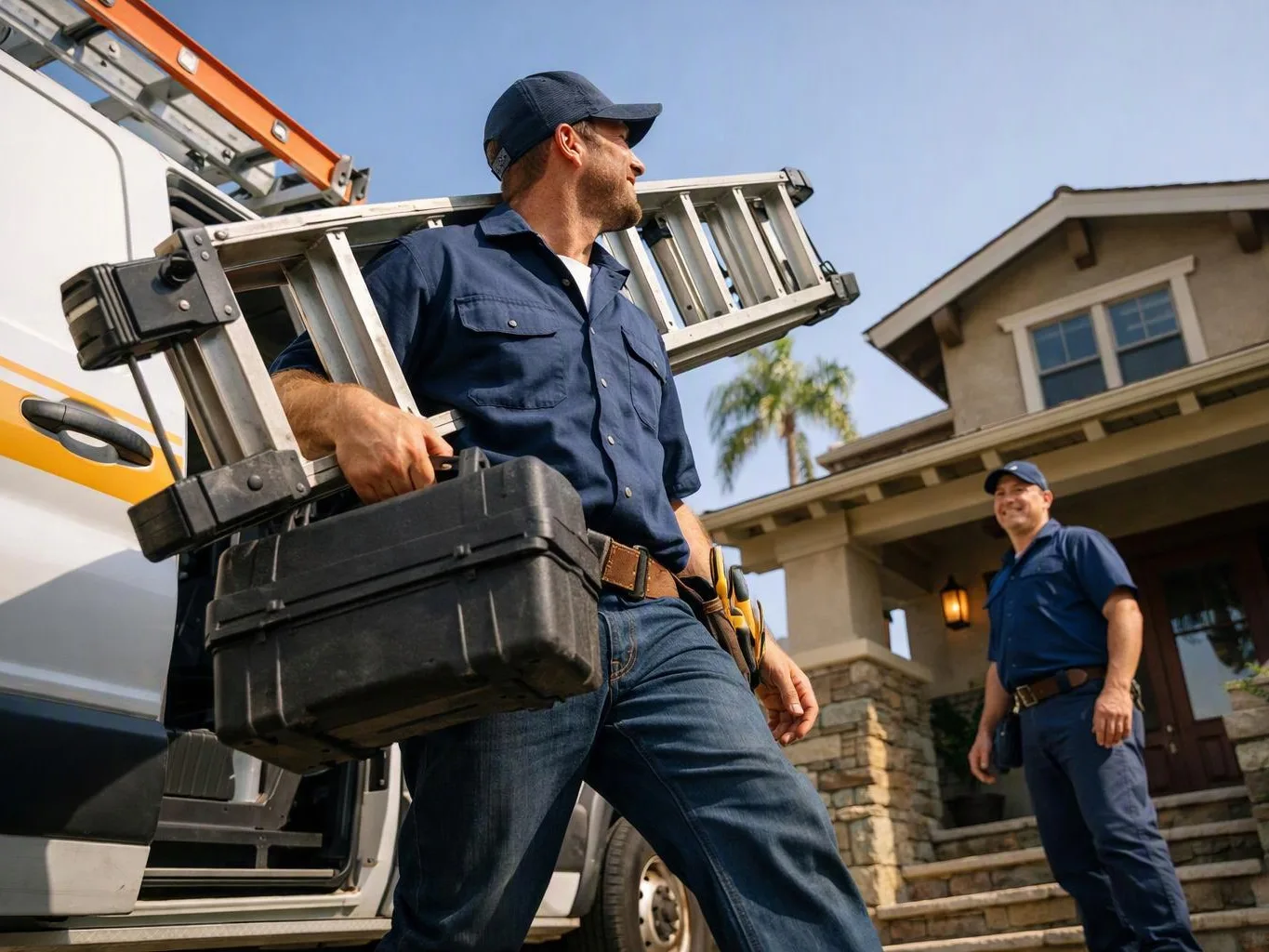 A uniformed worker carries a ladder and toolbox beside a service van while another stands near a house entrance