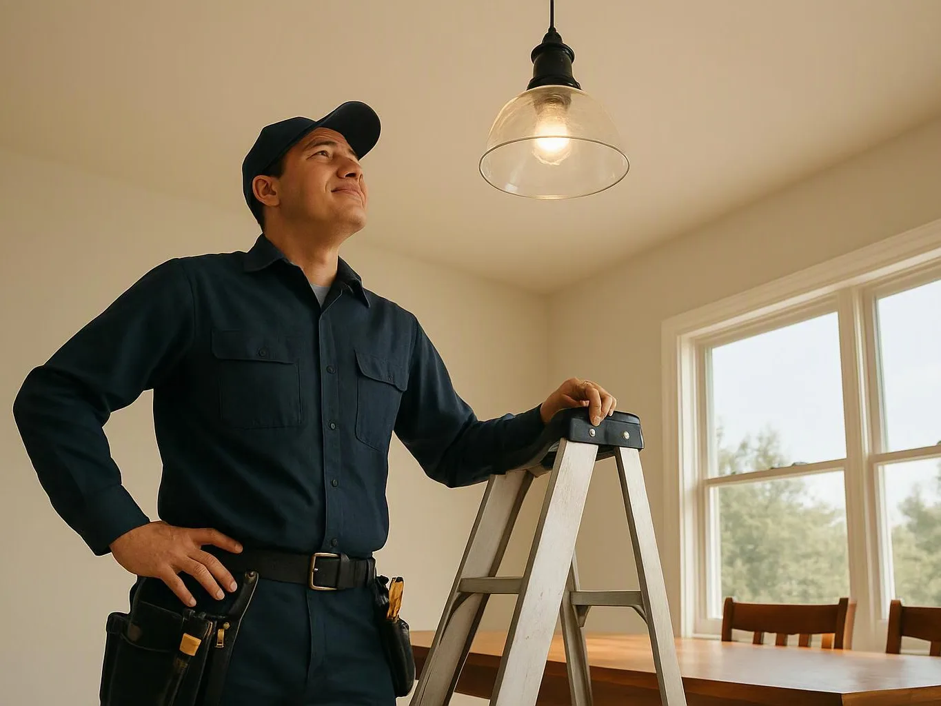 A uniformed worker stands beside a ladder in a bright room, looking up at a hanging light fixture