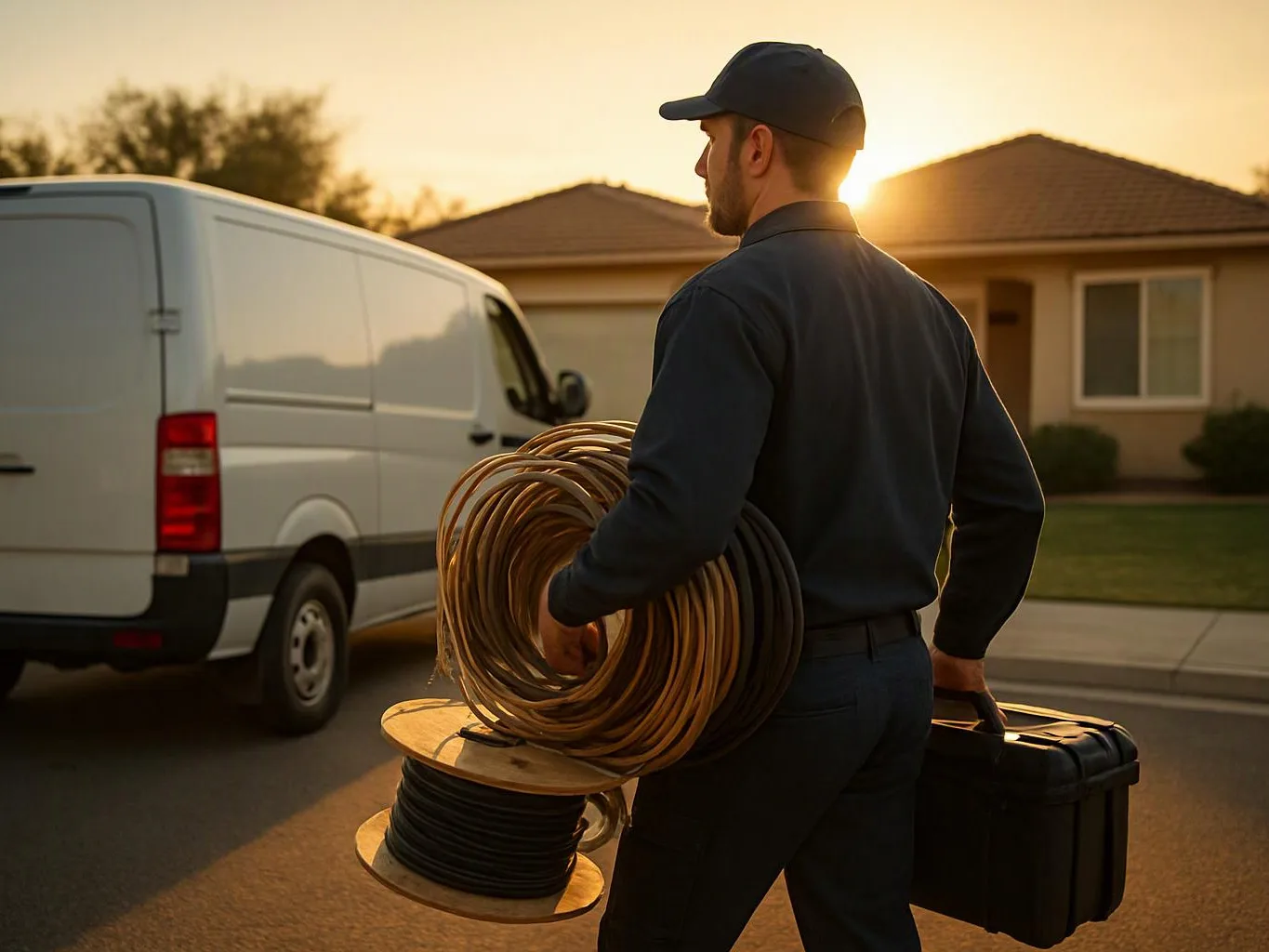 A utility worker carries coiled cables and a toolbox beside a white van on a suburban street at sunset