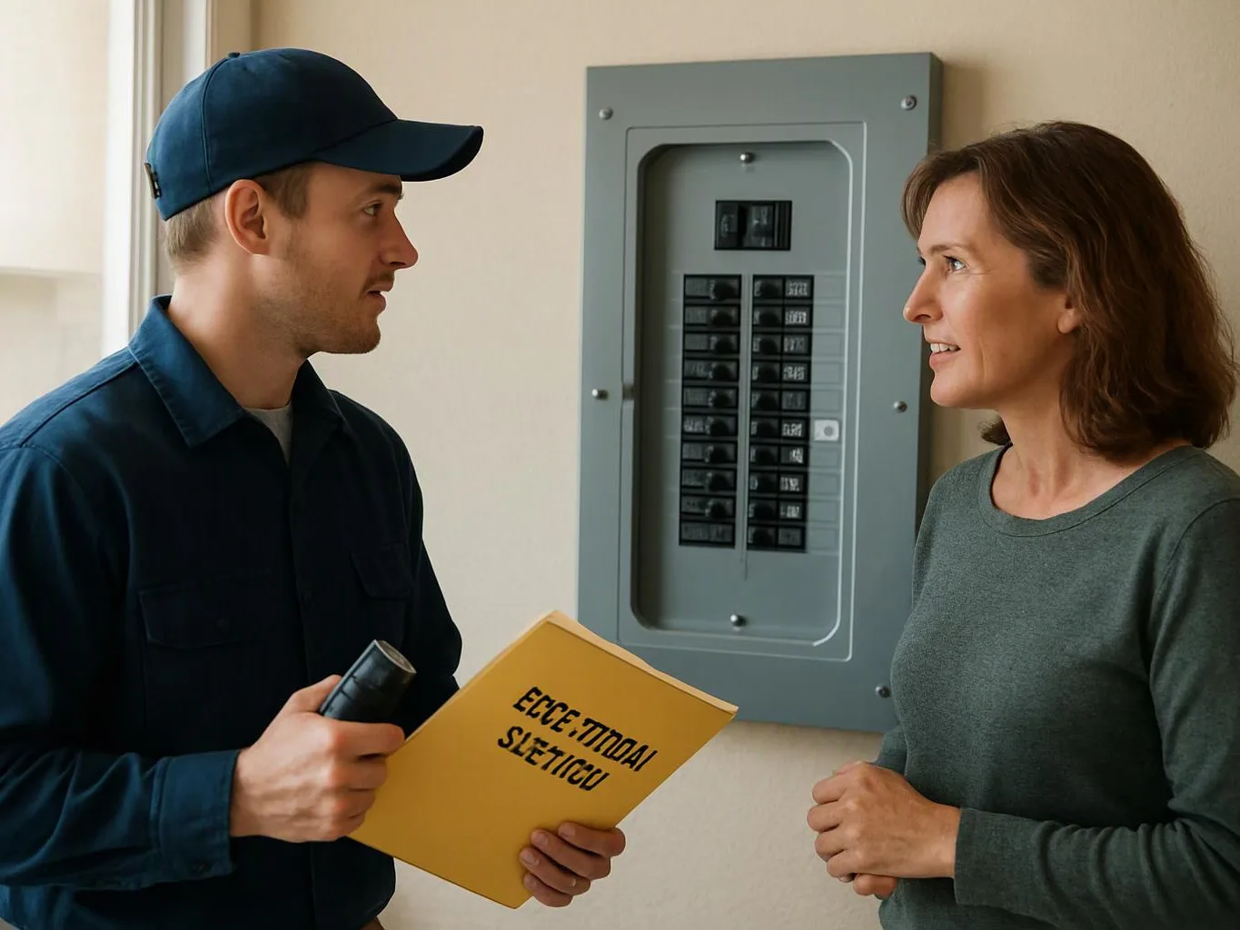 A utility worker talks with a woman beside an electrical breaker panel, holding a flashlight and a yellow folder