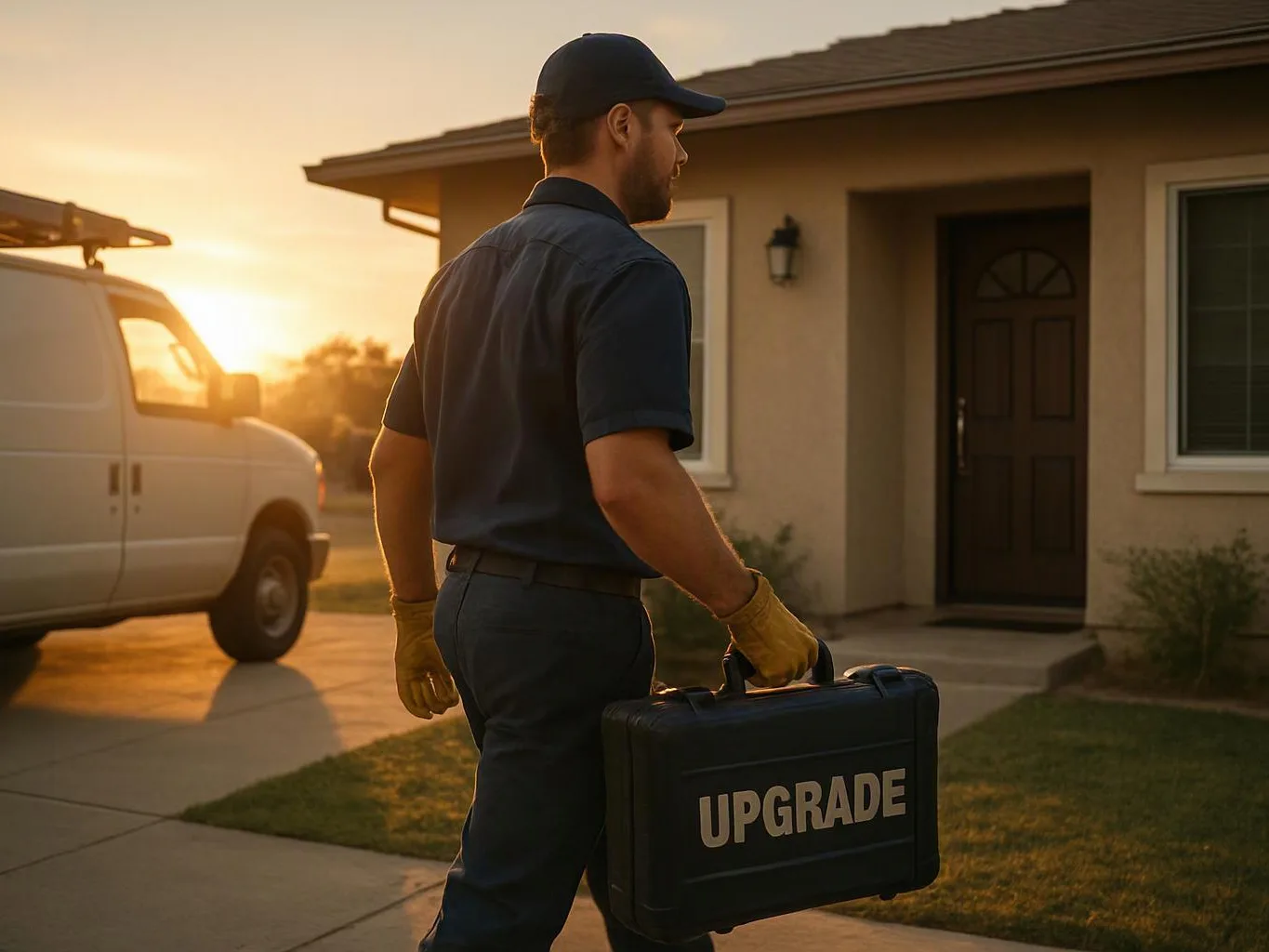 A utility worker walks toward a house at sunset, carrying a case labeled UPGRADE near a parked van