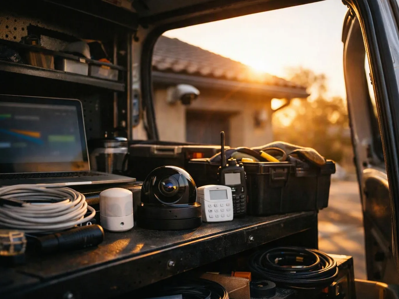 A van shelf holds a laptop, cables, tools, and security equipment in warm sunset light