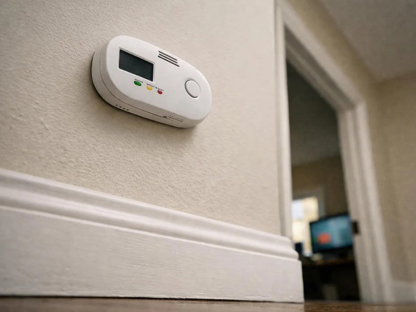 A wall-mounted smoke detector sits on a hallway wall near an open doorway