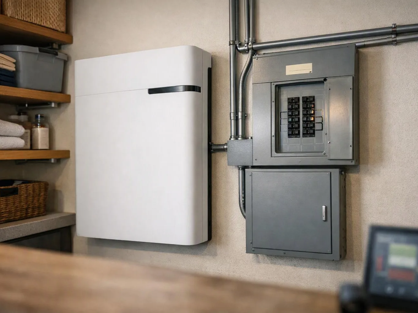 A wall-mounted white battery unit sits beside gray electrical panels in a tidy utility room