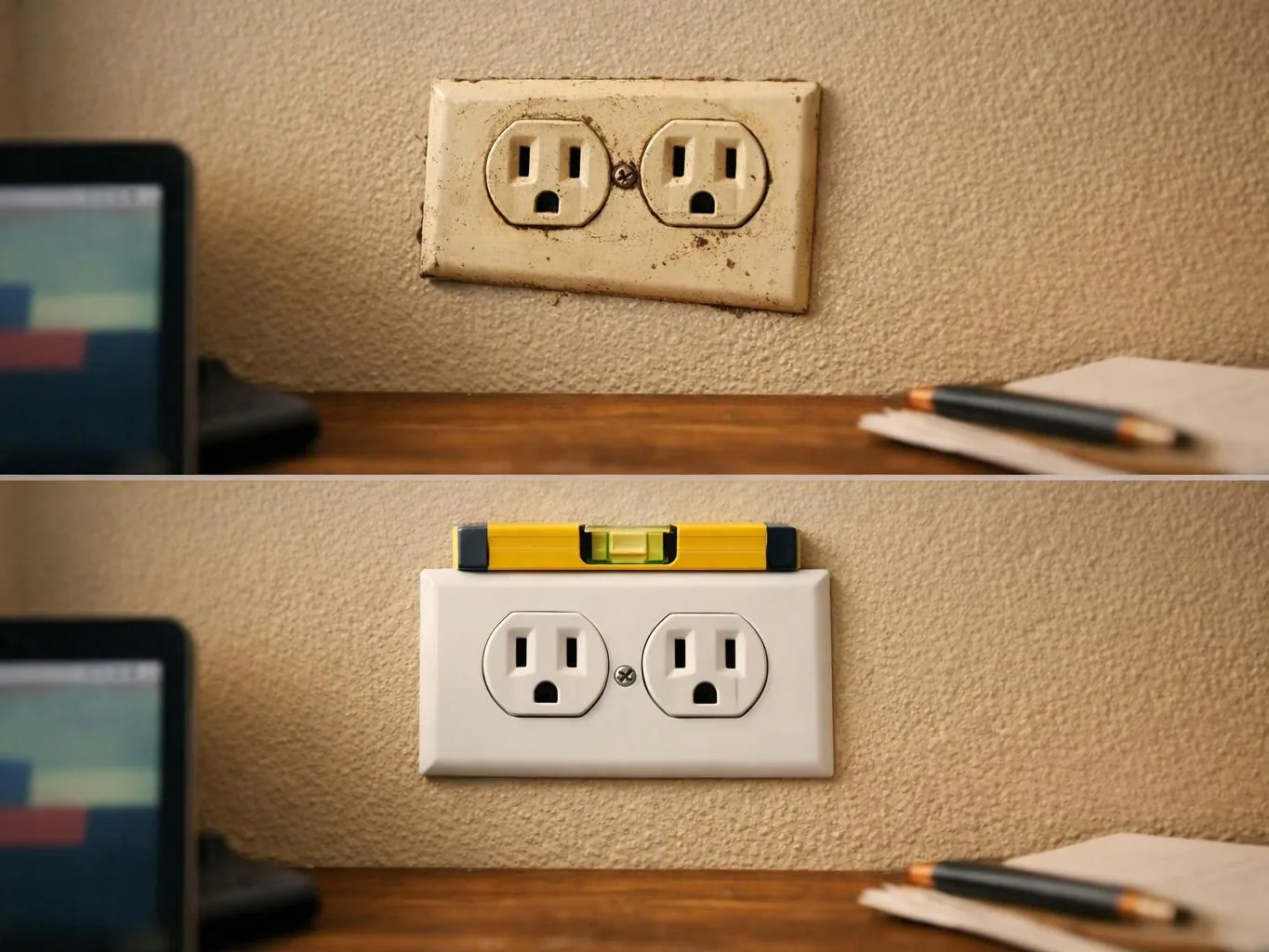 A wall outlet is shown before and after replacement above a desk with a pencil and paper nearby