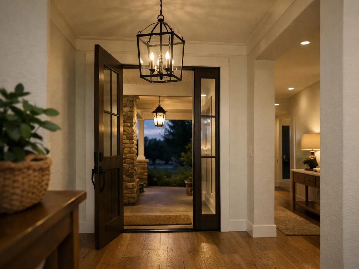 A warm entry hall shows open glass doors, a hanging lantern, and a porch lit at dusk