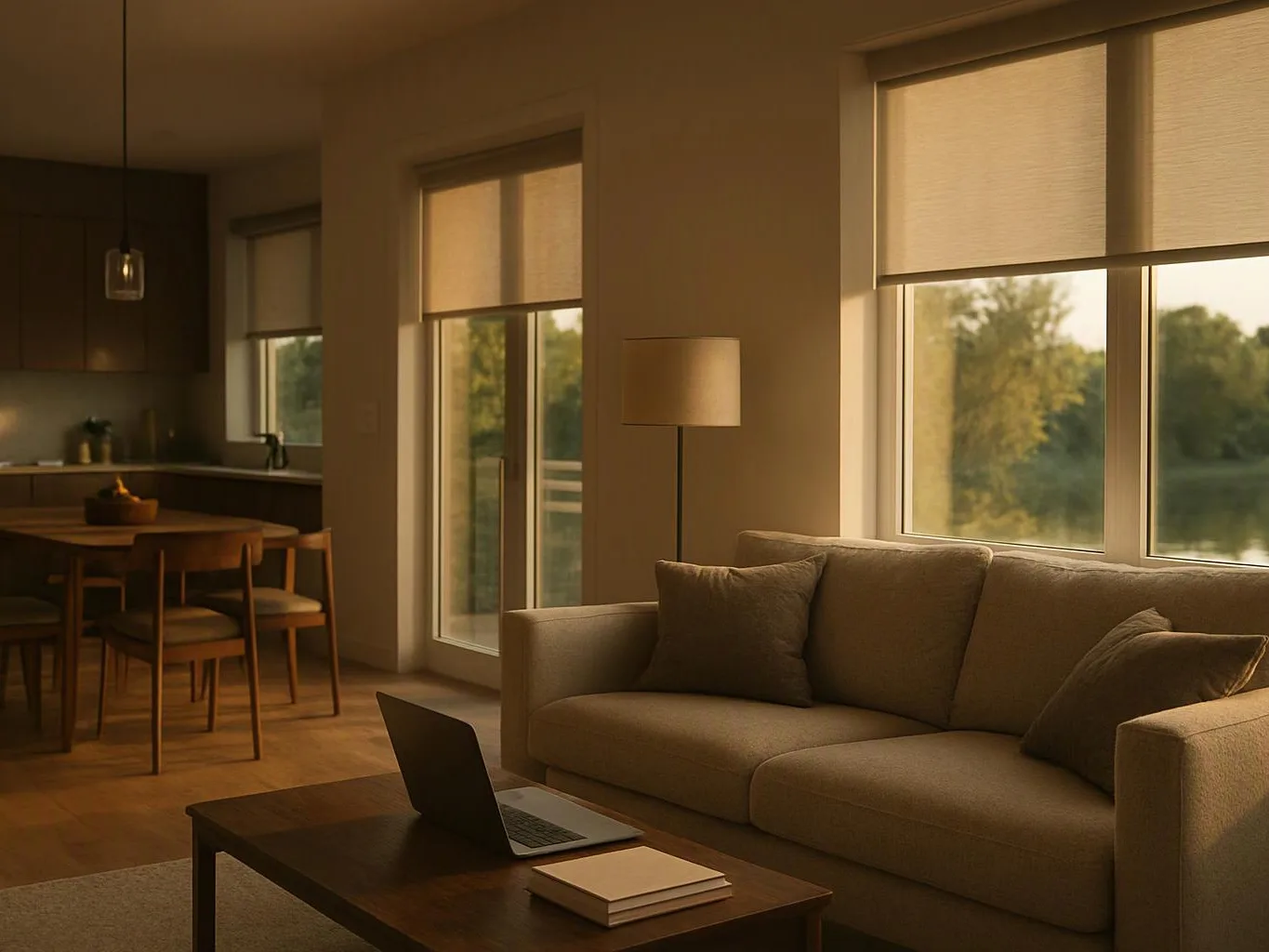 A warm living room with a beige sofa, laptop on a coffee table, and sunset light through large windows