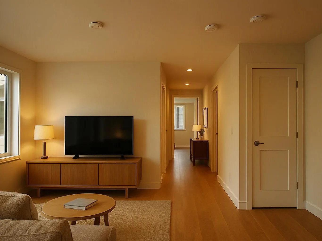 A warm living room shows a TV, lamp, sofa, and round table beside a hallway and closed door