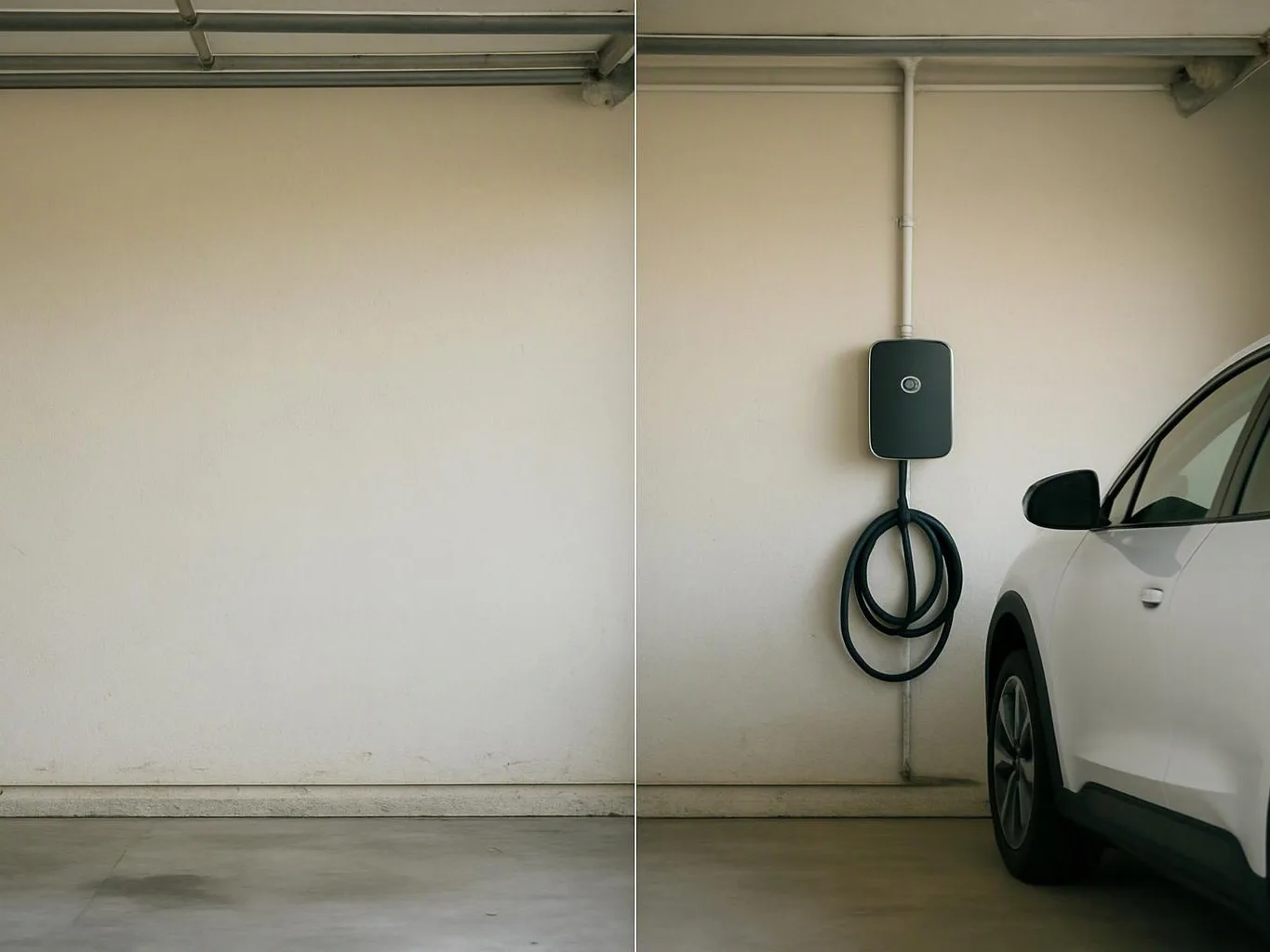 A white car is parked beside a wall-mounted charging box with a coiled cable in a garage