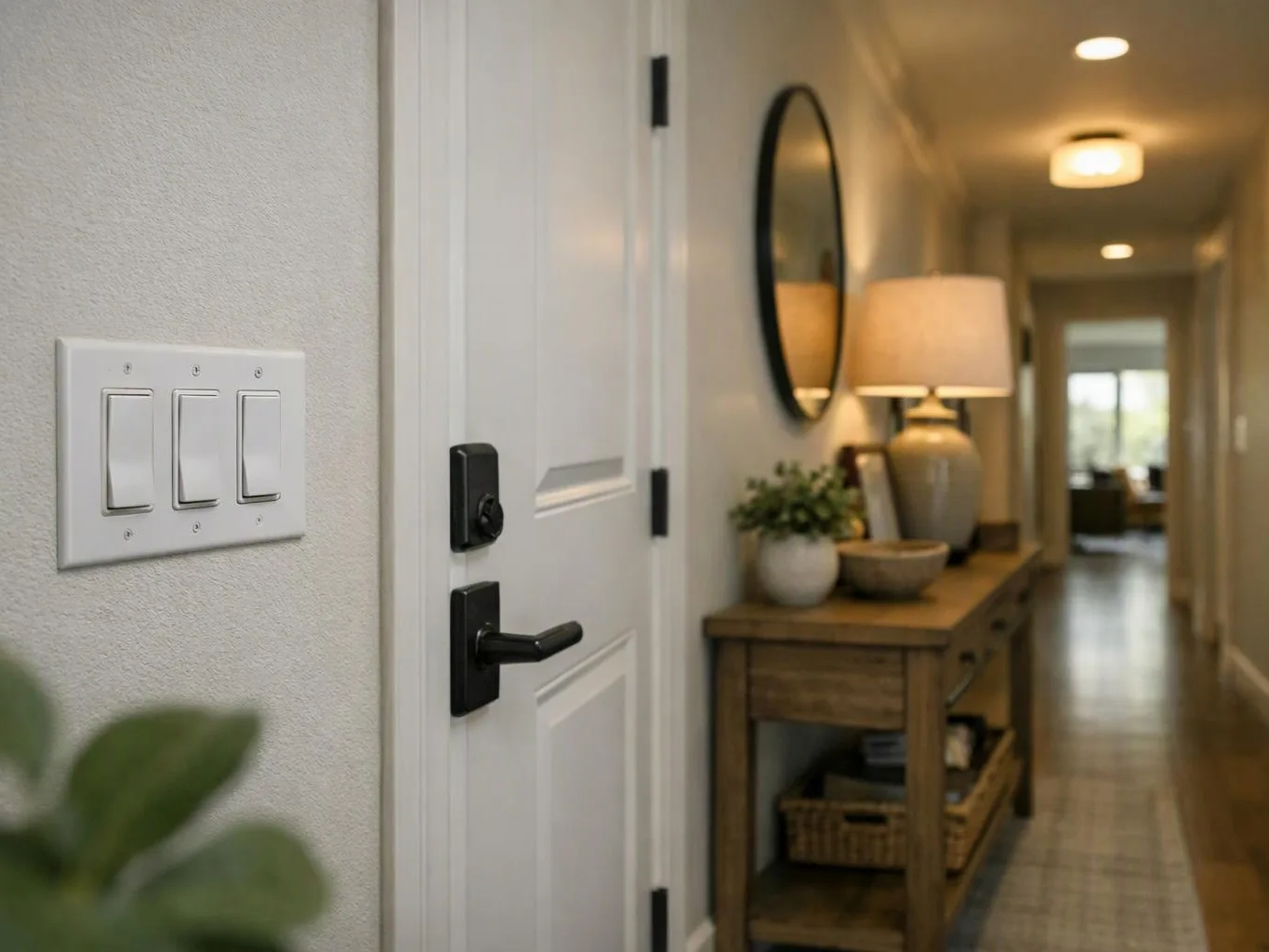 A white door opens into a narrow hallway with a console table, lamp, mirror, and wall switches