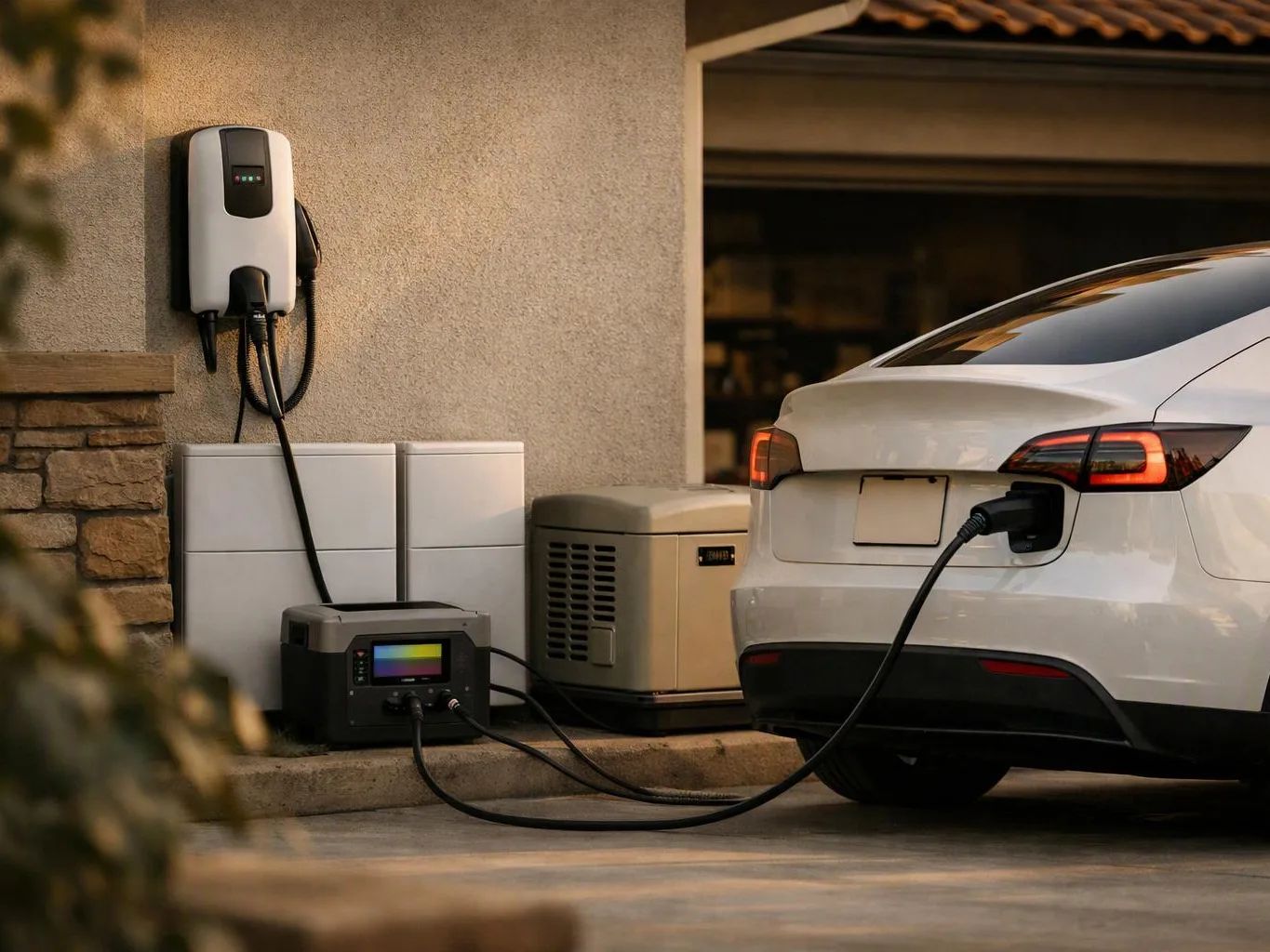 A white electric car charges beside wall-mounted and portable power units in a driveway outside a garage