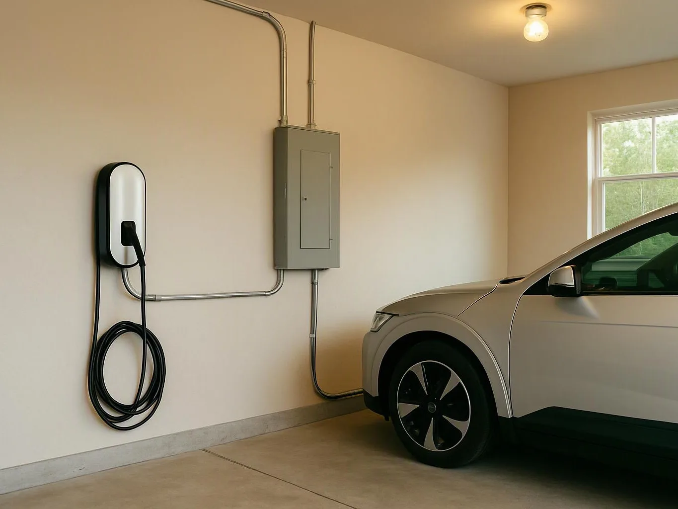 A white electric car is parked beside a wall-mounted charging unit and electrical panel in a garage