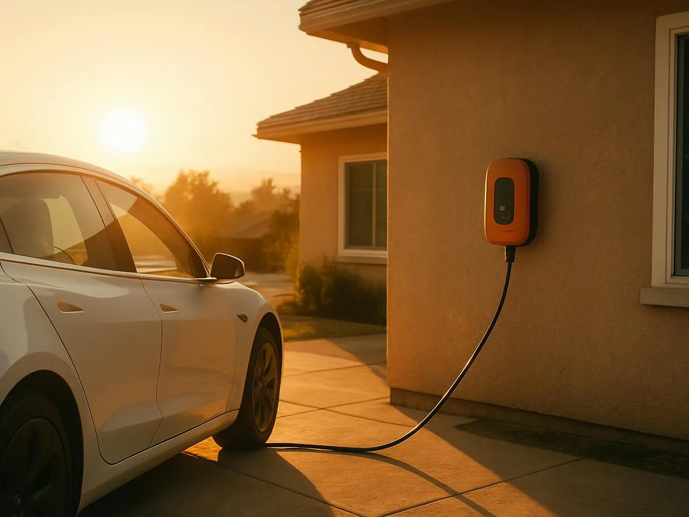 A white electric car is plugged into a wall charger beside a house at sunset