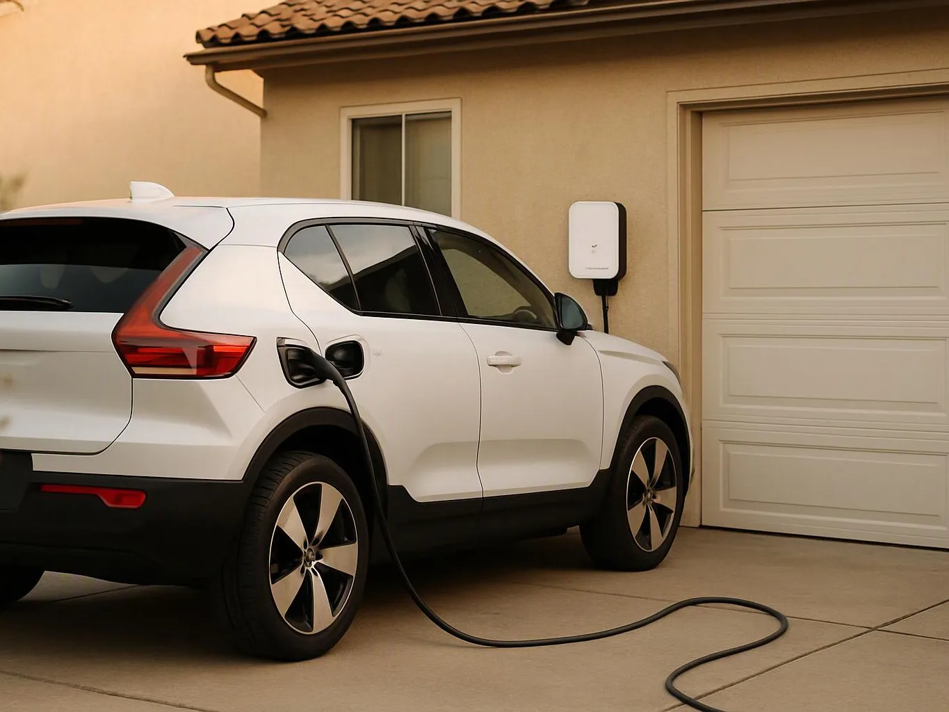 White electric SUV charging beside a beige garage, with a cable running from wall unit to the car