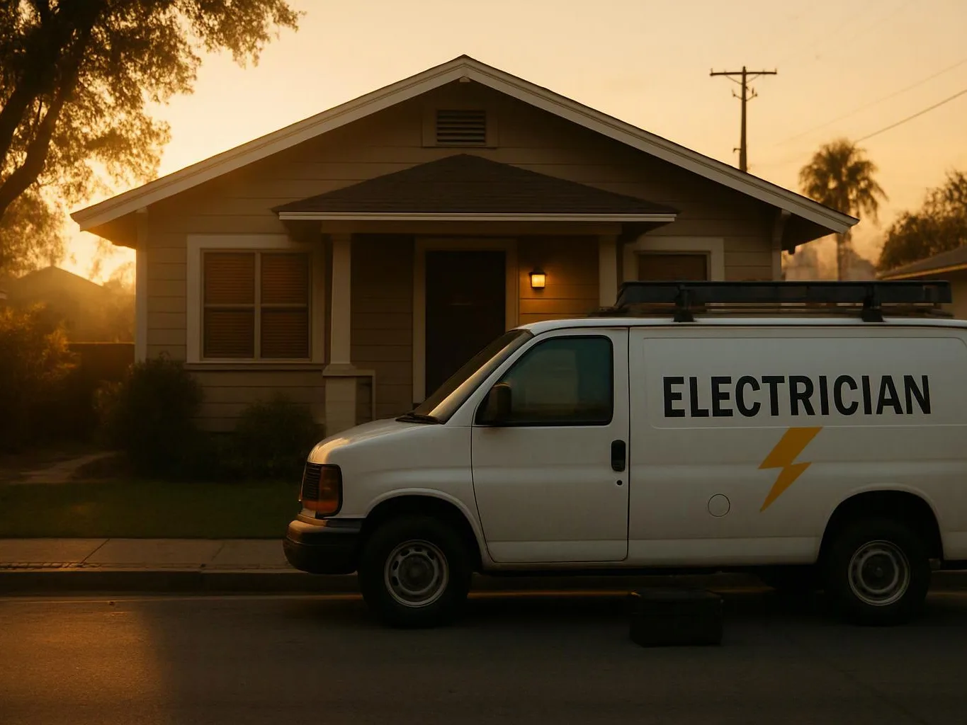 A white electrician van sits in front of a house at sunset with warm light on the porch