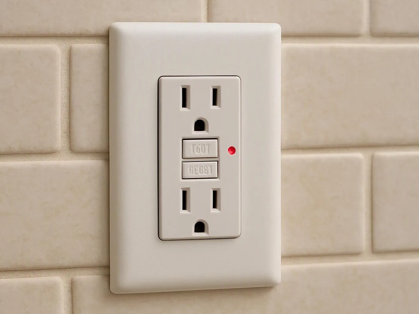A white GFCI electrical outlet is mounted on a beige tiled wall with a red indicator light lit