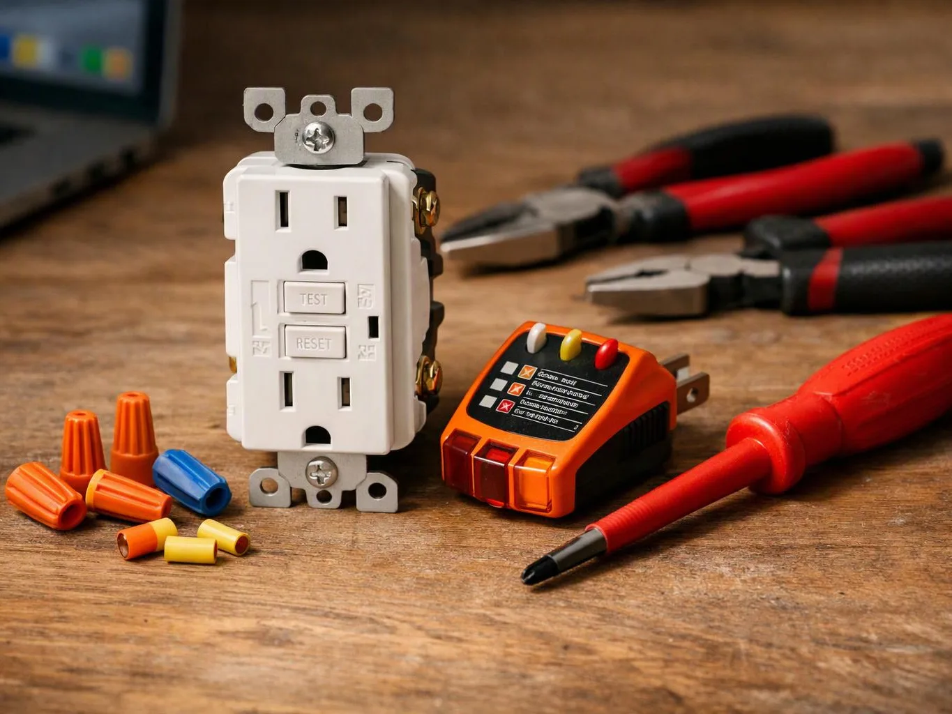 A white GFCI outlet sits on a wooden table beside wire connectors, pliers, and red electrical test tools