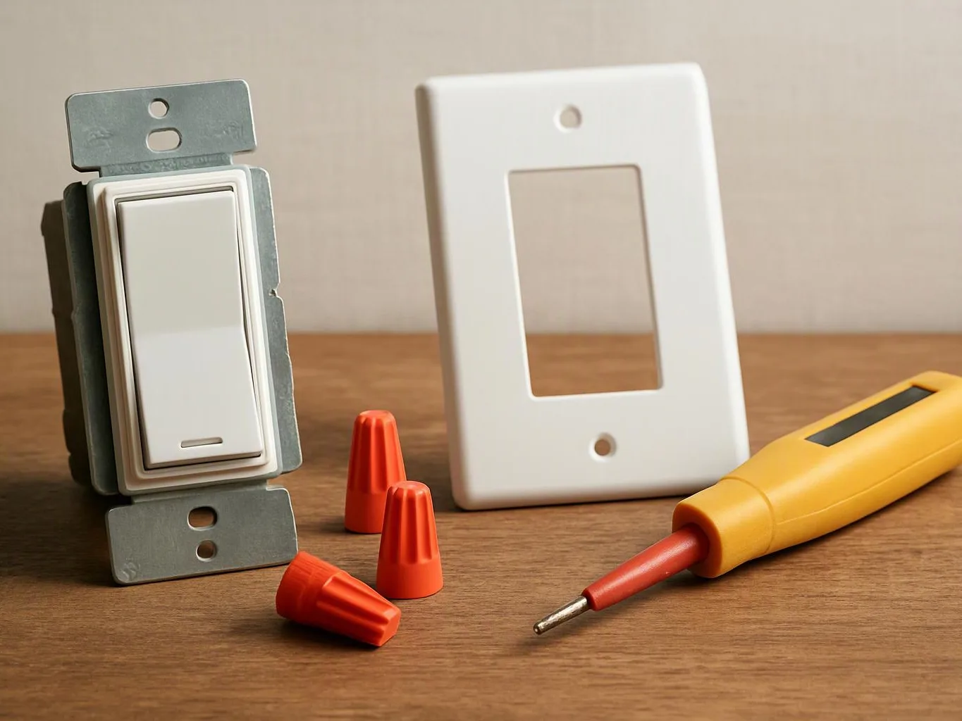 A white light switch, wall plate, wire nuts, and a yellow voltage tester sit on a wooden table