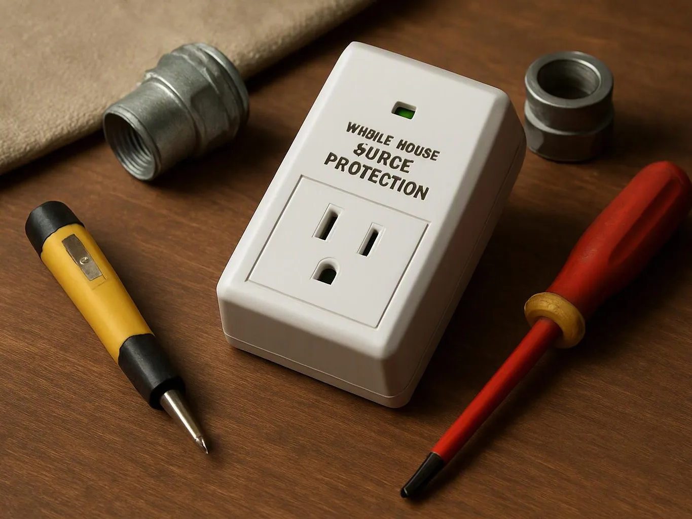 A white outlet tester sits on a wooden table beside two screwdrivers and metal fittings