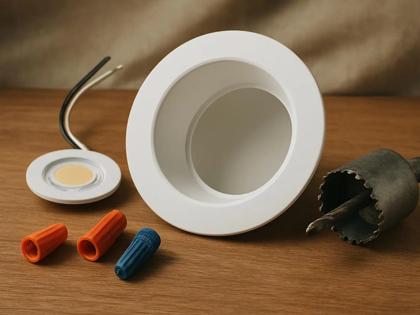 A white recessed light trim sits beside a small LED disc, wire connectors, and a hole saw on a wooden surface
