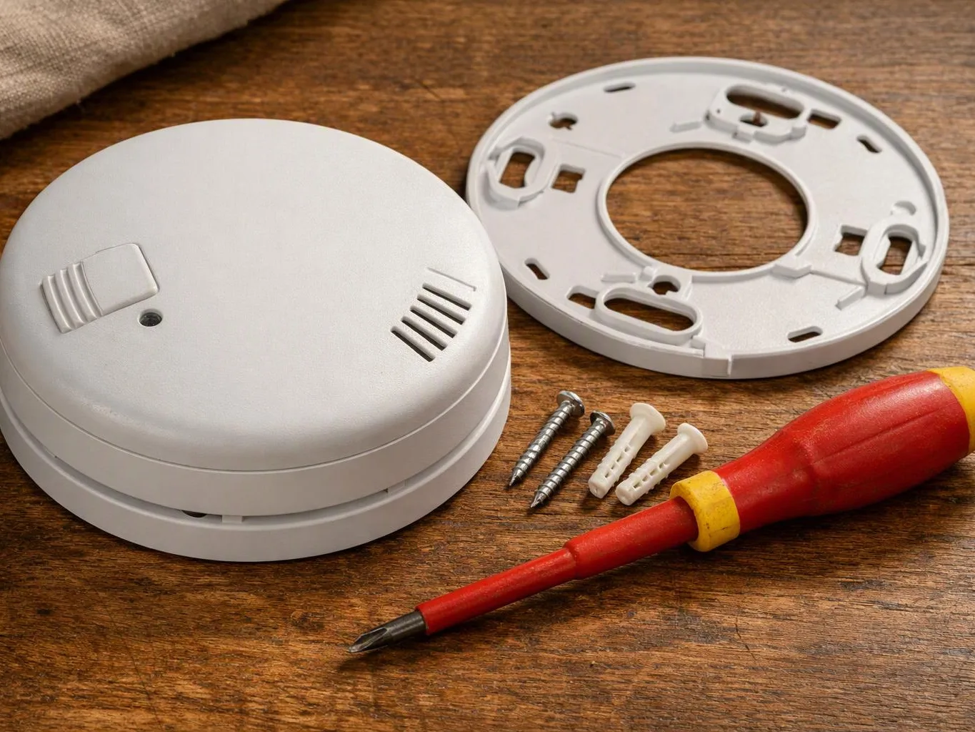 A white smoke detector, mounting plate, screws, anchors, and a red screwdriver sit on a wooden table