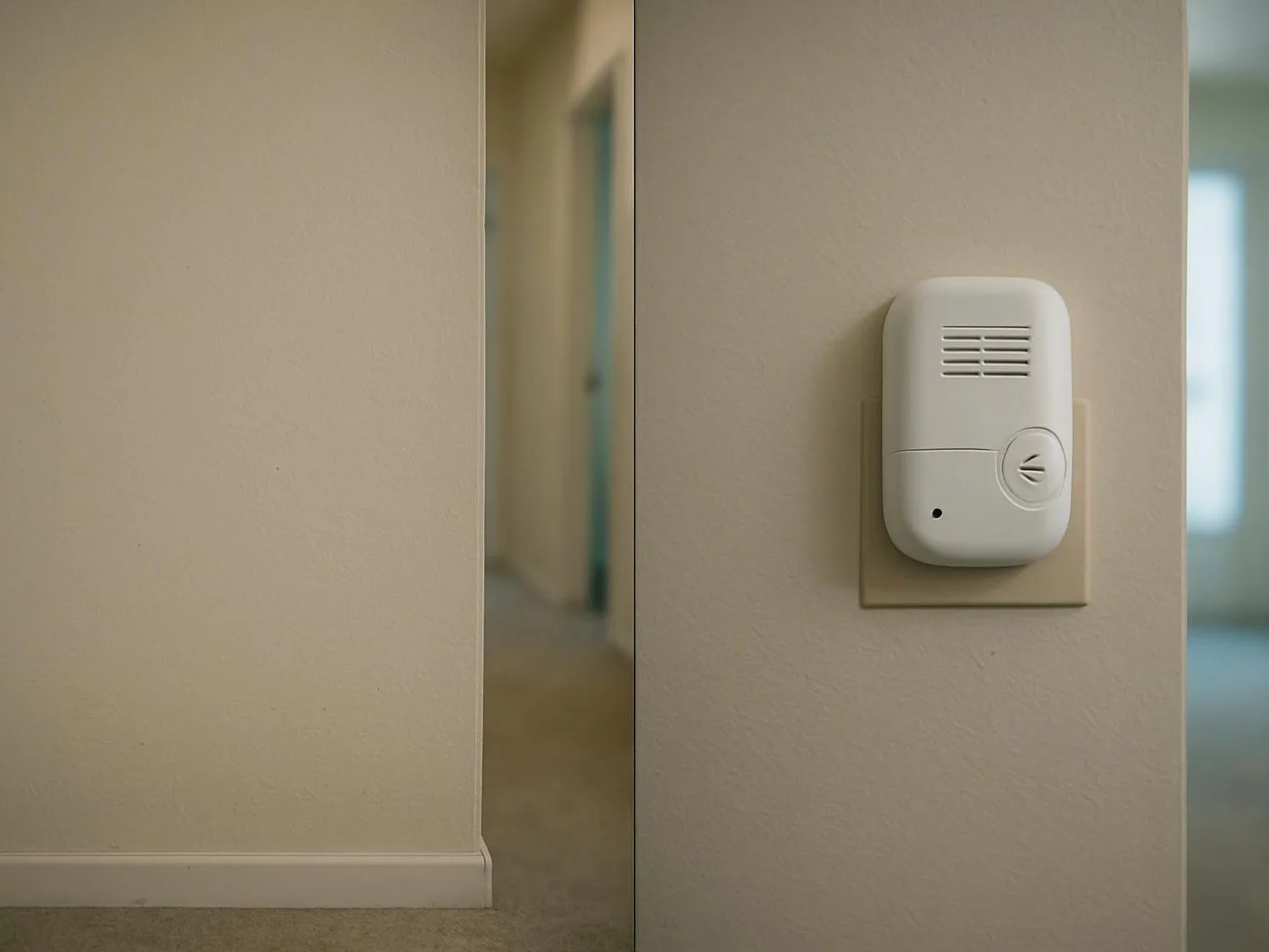 A white wall alarm or sensor is mounted beside a hallway opening in a beige room