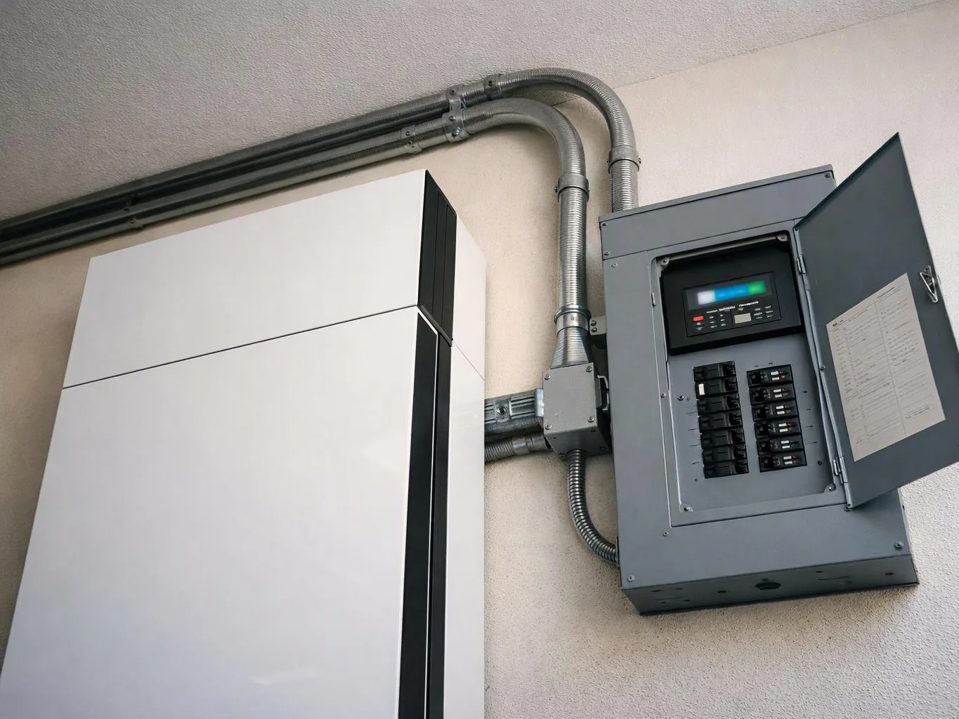 A white wall-mounted cabinet sits beside an open gray electrical panel with switches and wiring conduits