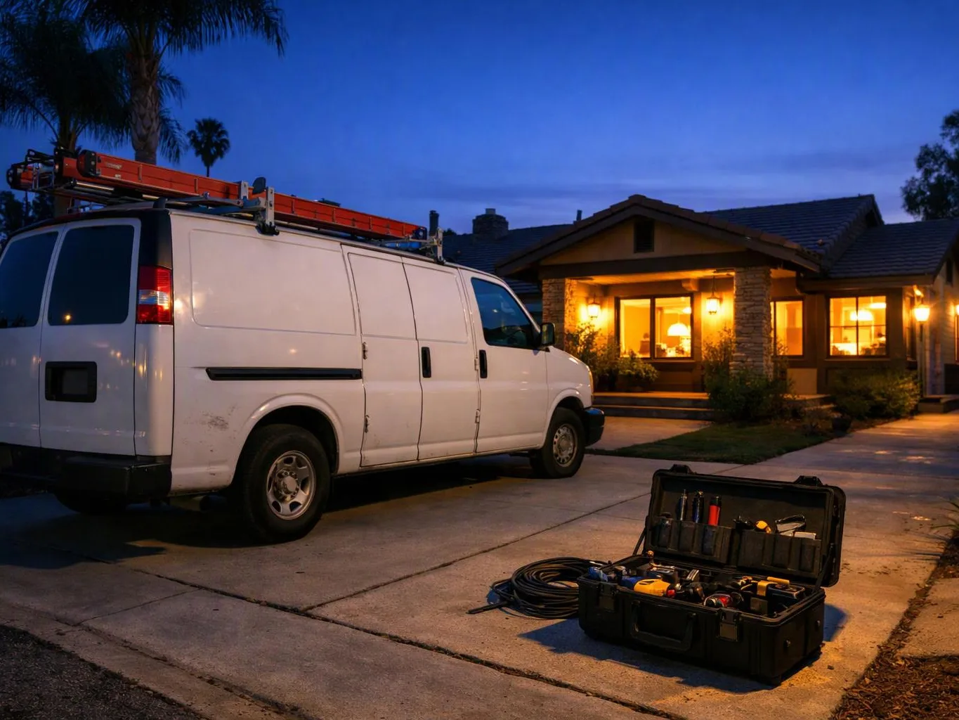 A white work van with a ladder sits in a driveway beside an open tool case outside a lit house at dusk