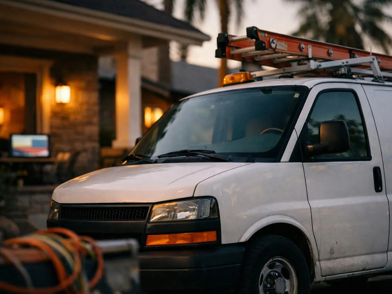 A white work van with a ladder on top is parked outside a house at dusk