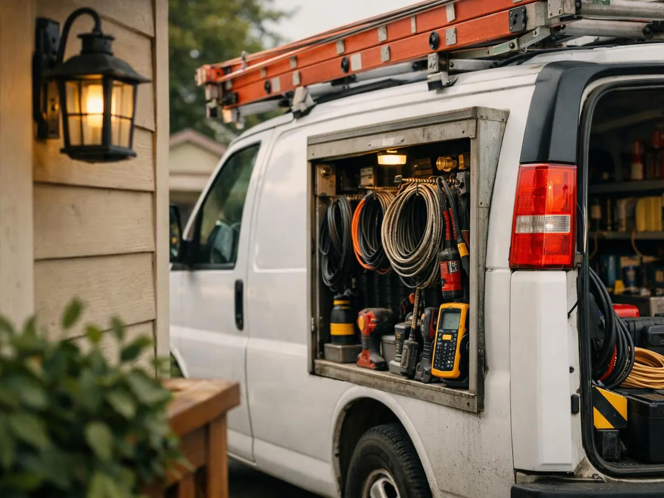 A white work van with open side compartments shows coils, tools, and ladders parked beside a house wall with a lit lantern