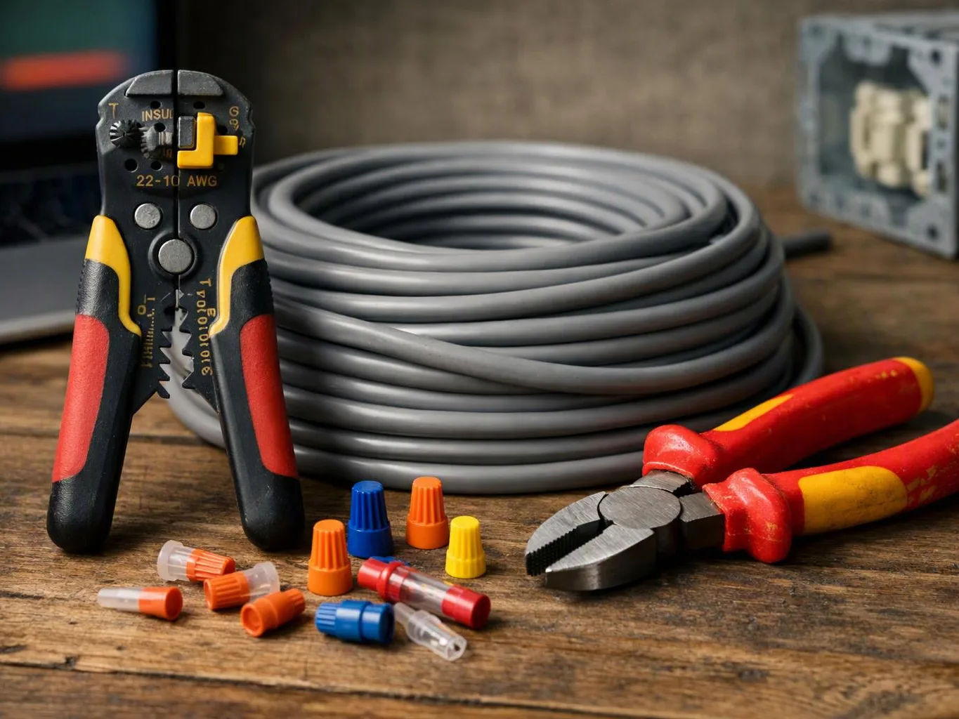 Wire strippers, pliers, a coiled gray cable, and colorful wire connectors sit on a wooden workbench