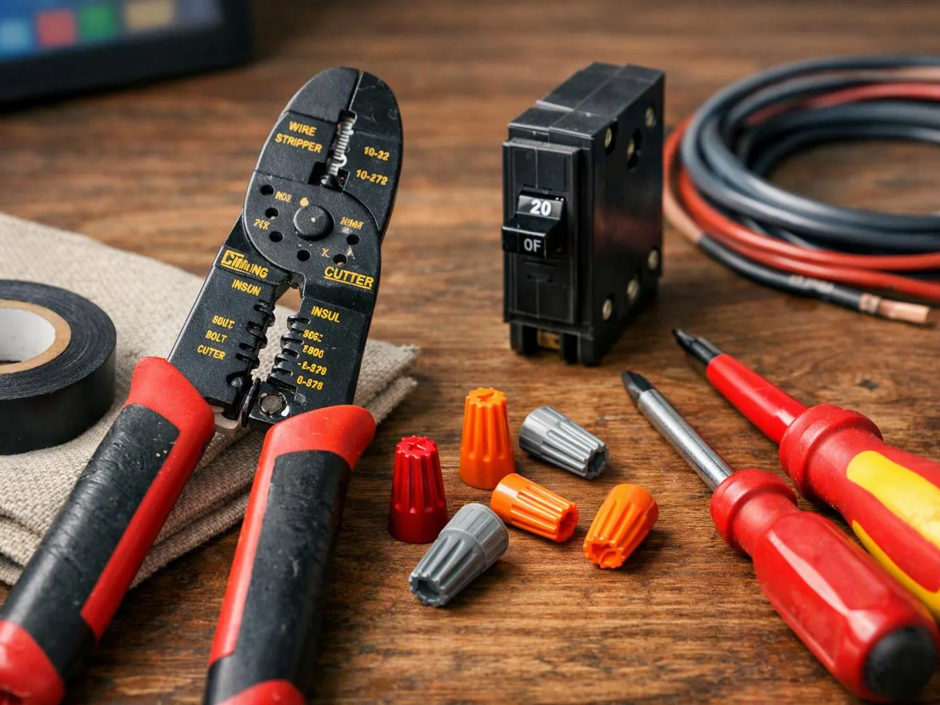 Wire strippers, screwdrivers, wire nuts, electrical tape, and a breaker sit arranged on a wooden workbench