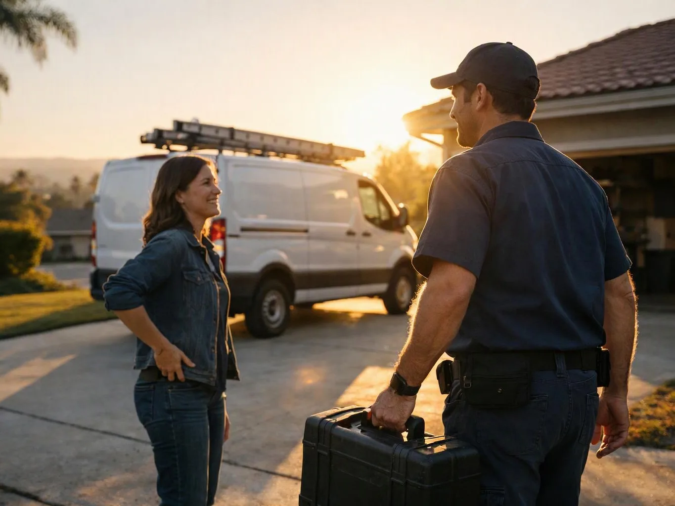 A woman talks with a utility worker holding a toolbox beside a white van in a driveway at sunset