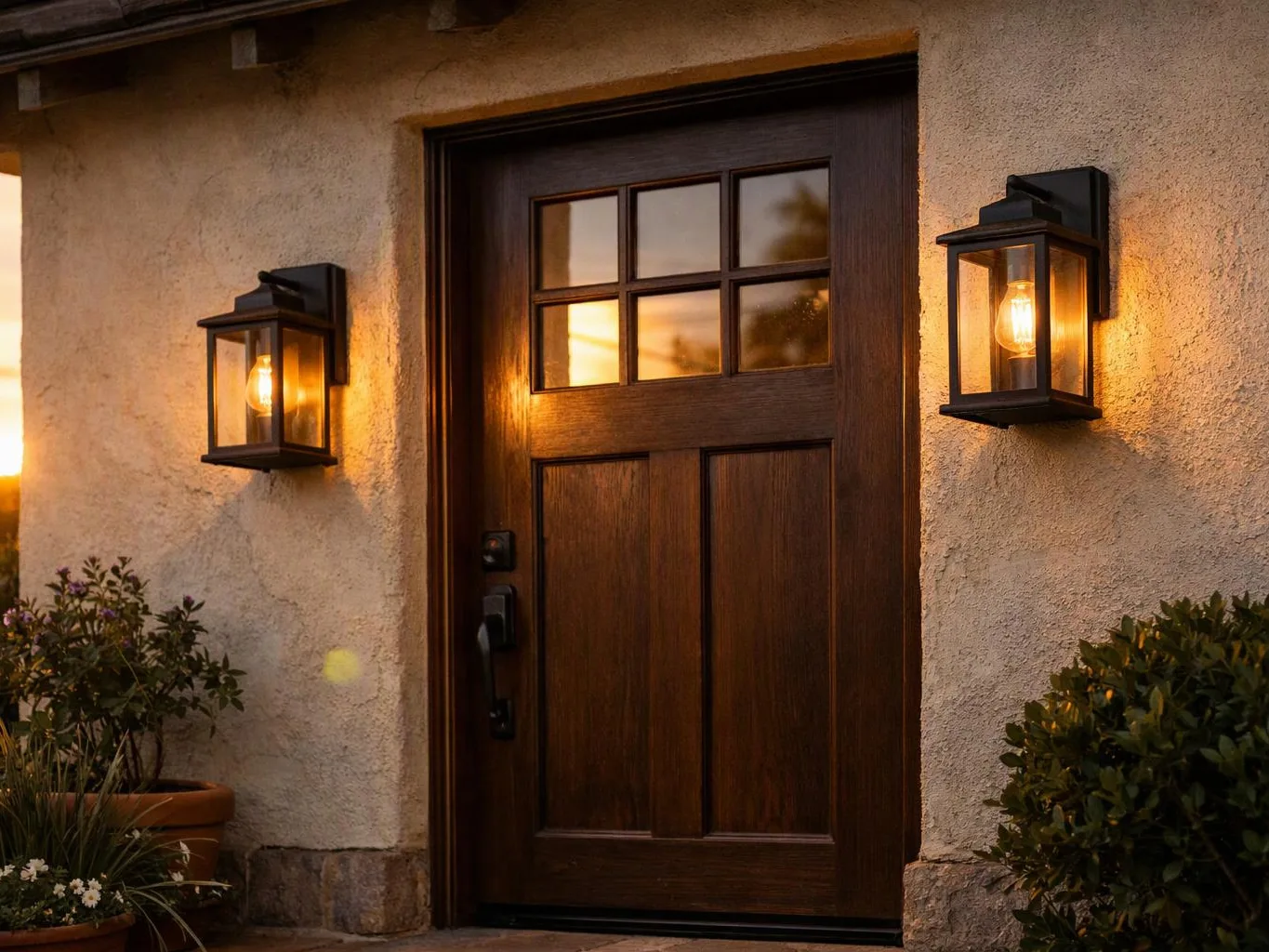 A wooden front door glows between two lit lanterns on a stucco house exterior
