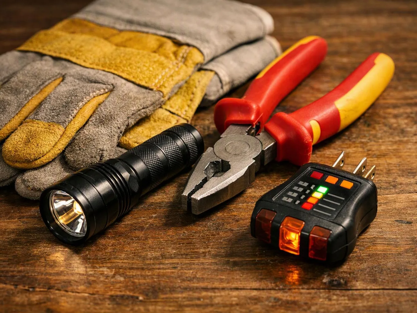 Work gloves, a flashlight, pliers, and a small electrical tester sit on a wooden table