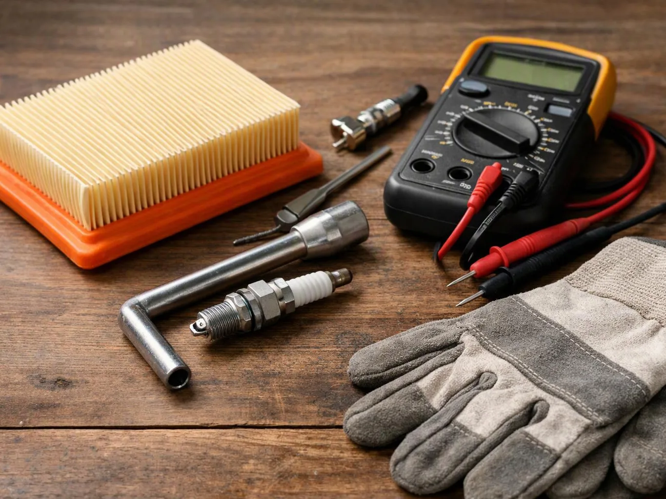 A workbench holds a car air filter, spark plug, wrench, multimeter, probes, and gloves